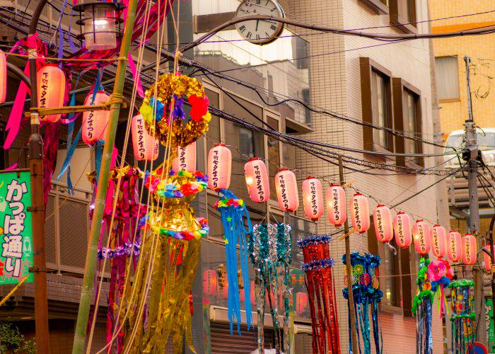 Shitamachi Tanabata Festival, with the lanterns and decorations sparkling in the sunset.